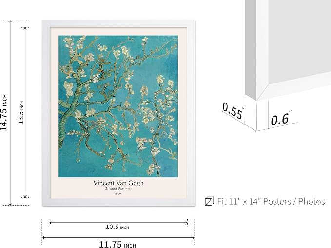 Monem Art Vintage Van Gogh Poster - Retro Almond Blossoms Print - Impressionism Art - Fine Art - Classic Painting Art - Flower Art - Floral Bedroom or Office Wall Decor - 11x14 White Framed