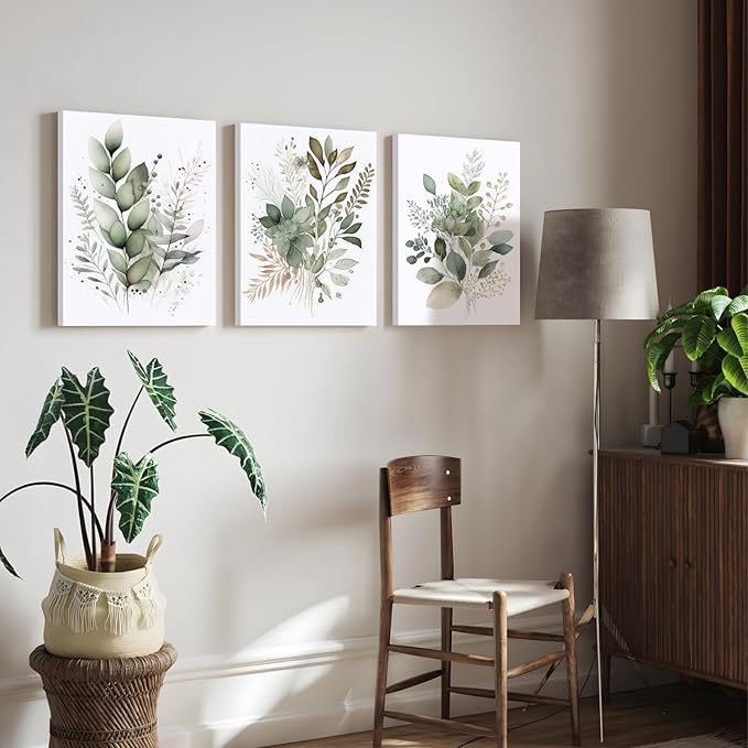 HLXRAE Framed Watercolor Botanical Wall Art Set of 3, Neutral Sage Green Bathroom Wall Decor, Modern Floral Canvas Paintings, Minimalist Farmhouse Poster Prints for Bedroom Living Room 12x16 Inch