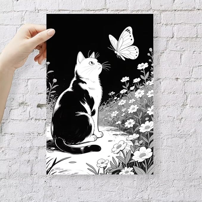 Cats Butterflies in Flowers Canvas Poster Vintage Minimalist Nature Wall Art Trendy Black White Aesthetic Painting Prints Modern Animal Home Decor for Bedroom Living Room 20x30inch Unframed