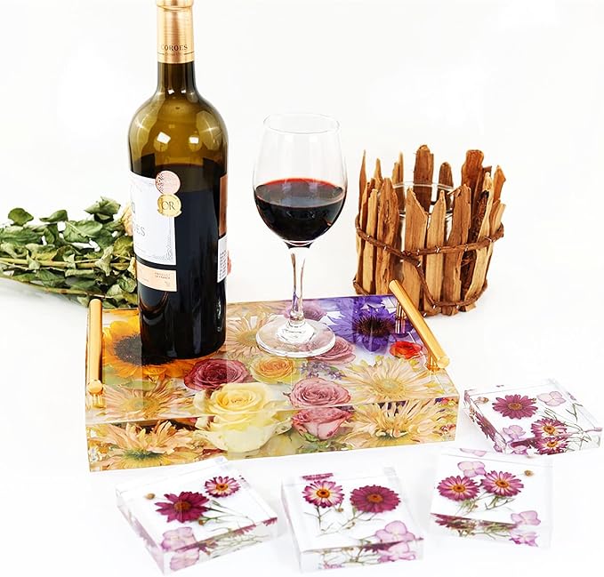 Resin Tray Molds Silicone - 13.5" Large Deep Rectangle Molds for Resin with 4pcs Coasters and Flowers Preservation Epoxy Art Making