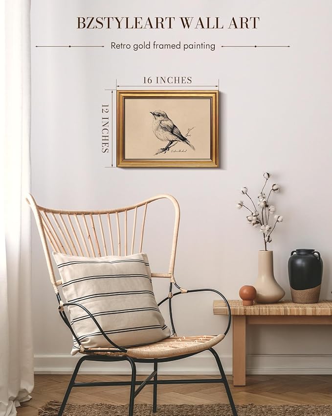 Bzstyleart Vintage Wall Art Decor for Living Room,New York State Bird Canvas Prints,Modern Gold Framed Wall Art Home Decor,Sketch Painting Picture for Bedroom Kitchen Bathroom,12L x 16W