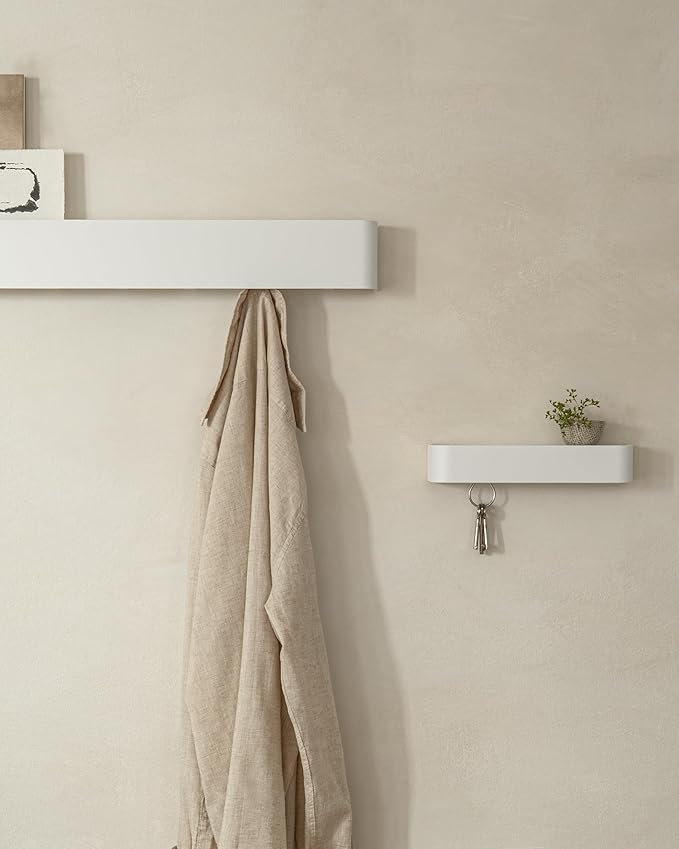 Kazai.®️ Coat Rack Wall Mount with Shelf 'Tone' | Modern Design Coat Hanger with Hidden Hooks and Storage | Hat Rack with Shelf in Metal | Wall-Mounted Purse Organizer | White