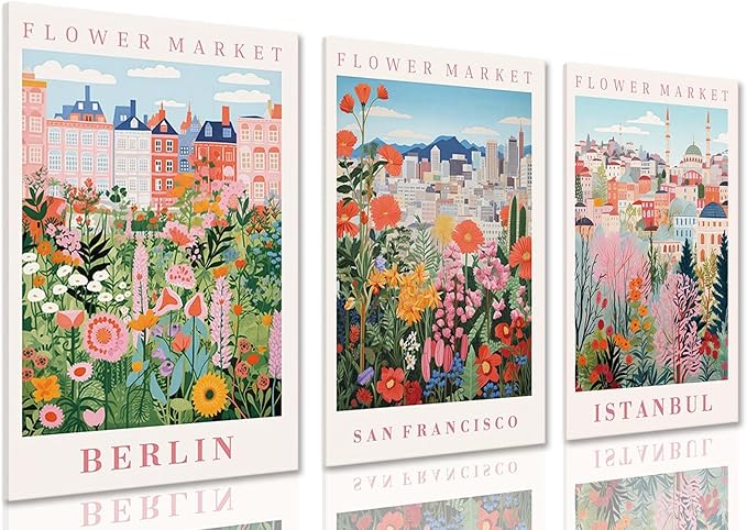 XLARTMY Flower Market Wall Art Prints Canvas Orange and Pink Floral Paintings Colorful Botanical Travel Flower Posters for Home Decor Pictures Set of 3 for Living Room Bedroom 16x24in Unframed