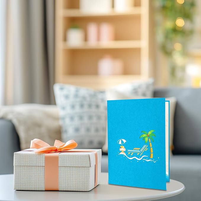 GREETING ART Beach Vacation Anniversary Pop Up Card, Beach Birthday Card, Happy Travel Summer Cards, Tropical Vacation Cards for Retirement, Father’s Day, Thinking of You, Valentines Day