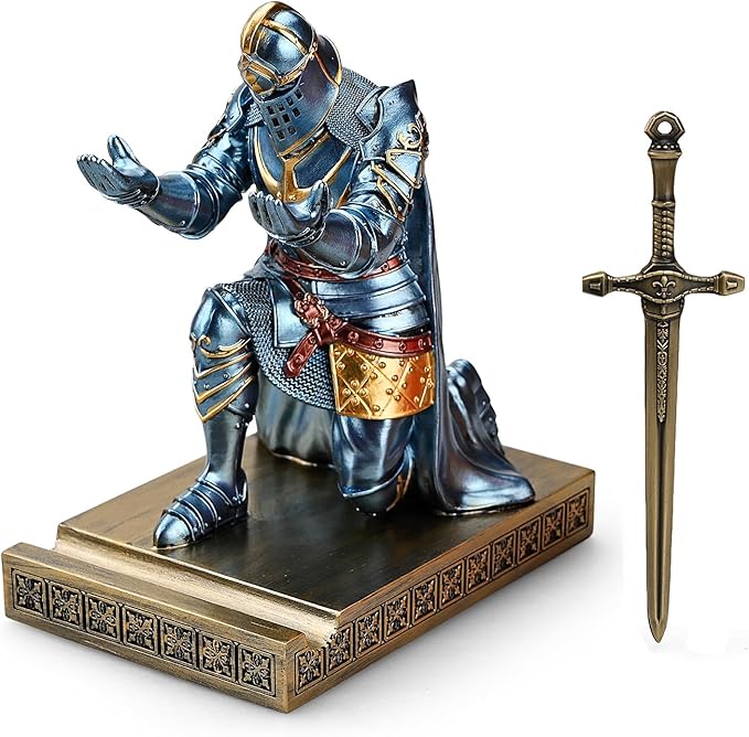 King's Guard Leader Cloak Warrior Knight Pen Holder Mobile Phone Stand, Ornament Knight Statue, Pen Stand Paperweight for Office and Home (Blue)