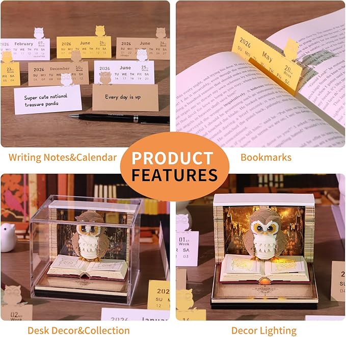 3D Calendar 2026, Owls Piece Calendar 2026 with LED Light, Daily Tear-Off Memo Pad, Owls Paper Carving Desktop Decoration, Unique Holiday & New Year Craft Gift