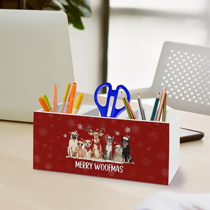 Dog Christmas Pen Pencil Holder Organizer for Desk Accessories, Merry Woofmas Christmas Wooden Box Sign Desk Decor for Home Office Decoration, Dog Mom Dad Lovers Gifts for Women Men