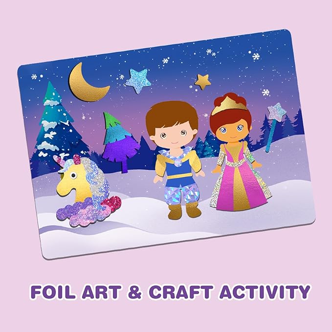 SOOVSY 200 Sheets Princesses & Unicorns Foil Art Fun Kit for Kids, Foil Art Craft DIY Creative Activity Gift Travel Toys for 4 5 6 7 8 9 Years Old Kids Girls Boys(Unicorns & Princesses)
