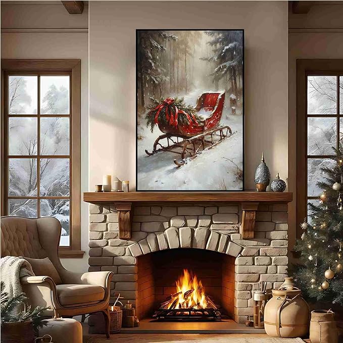 Vintage Christmas Canvas Wall Art Holiday Ride Painting Snowy Woodland Print Classic Sleigh Wall Decor Rustic Landscape Poster Indoor Decor for Offices Living Room Winter Holiday Framed Ready to Hang