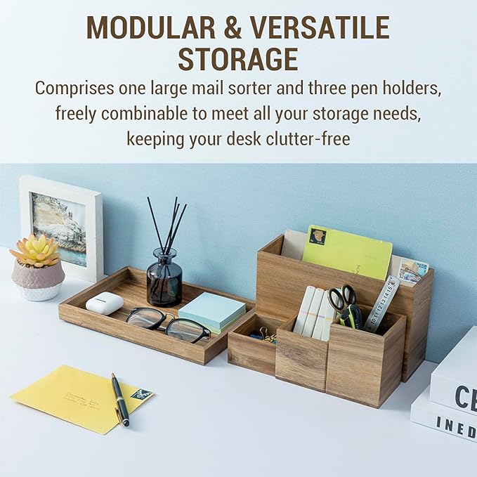 MyGift Wood Desktop Organizer, 5 Piece Premium Acacia Solid Wood Modular Desk Organizer Set with Mail Holder, Pen Holder, Paper Tray for Office Supplies, Home and Office Use