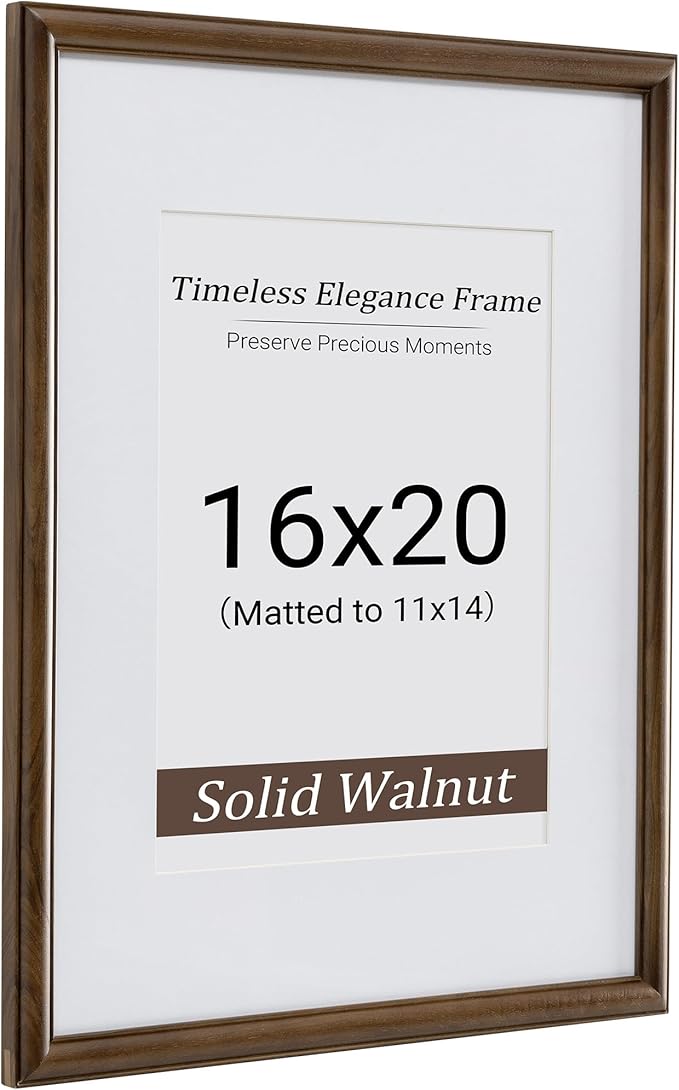 Heimlove 16x20 Picture Frame,16 x 20 Natural Solid Walnut Wood Frame Matted to 11x14 with Tempered Glass,16"x20" Handcrafted wood Poster Frame,Vertical or Horizontal Wall Hanging Display,1 Pack