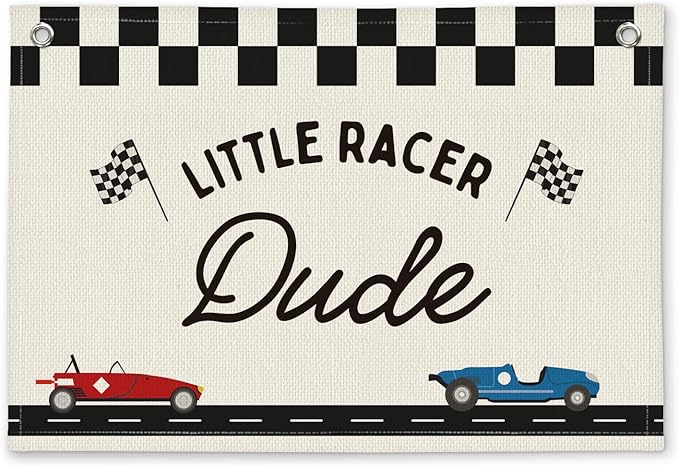 Little Racer Dude Black and White Checkered Boys Room Decor - Linen Banner Wall Hanging Canvas Banner Flag Decor for Toddler Boy Bedroom Nursery Playroom