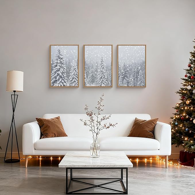 Winter Snow Covered Forest Framed Canvas Wall Art Set,Snowy Woodland Wall Decor,Wilderness Pine Tree Art Prints,Natural Botanical Landscape Artwork for Living Room, Bedroom,Farmhouse- 16"x24"x3
