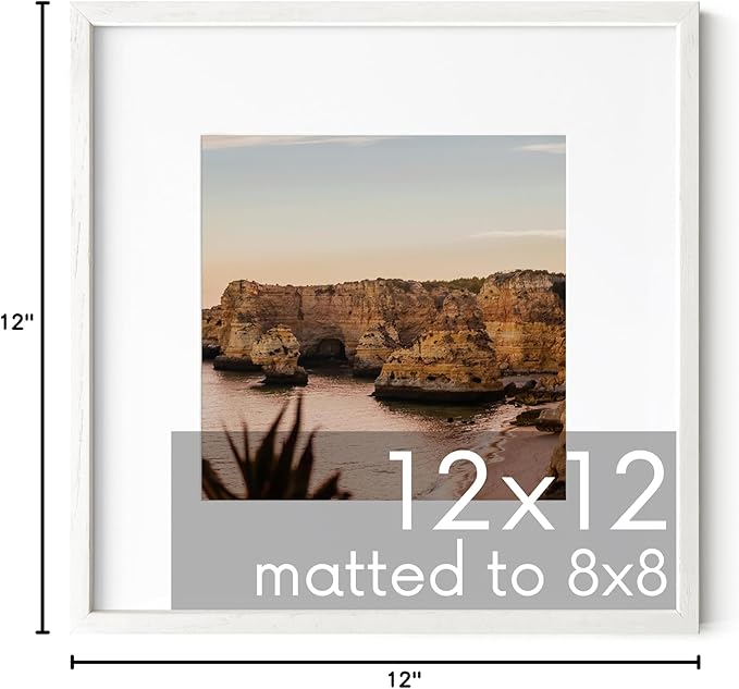 HAUS AND HUES White Oak Wood 12x12 Picture Frame - Square Frame Matted to 8x8, Minimalist White Frame for Gallery Wall or Posters (12x12 in, White, Set of 1)