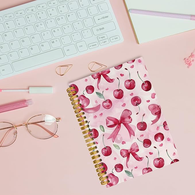 Trendy Coquette Pink Bow Cherry Journaling Notebooks, Preppy Spiral Notebook, Cute Notebook Journal for Girls, Pink Office Supplies, Hardcover Spiral Lined Notebook 5.5 x 8.3