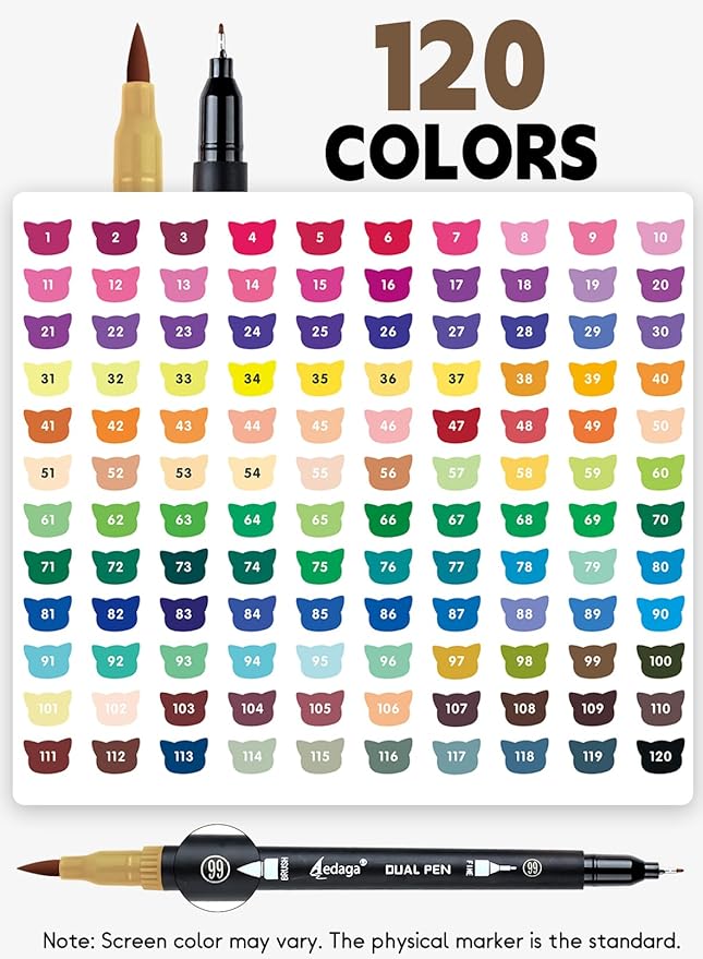 120 Colors Dual Brush Markers, Fine and Brush Tips Numbered Pens with App, for Adults and Kids, Coloring Book Bullet Journaling Note Taking Planner Hand Lettering Calligraphy Drawing Art Supplies Kit