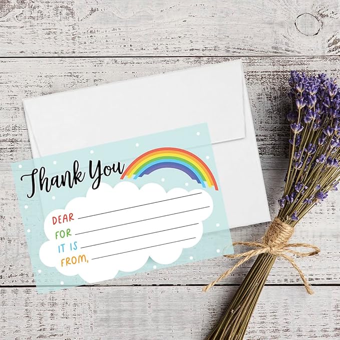 Andaz Press Kids Fill in the Blank Thank You Cards 20 Cards Including Envelopes Rainbows and Clouds Gender Neutral Note Cards For Boys Girls Birthday Thank You Notes for Friends Family Party Guests