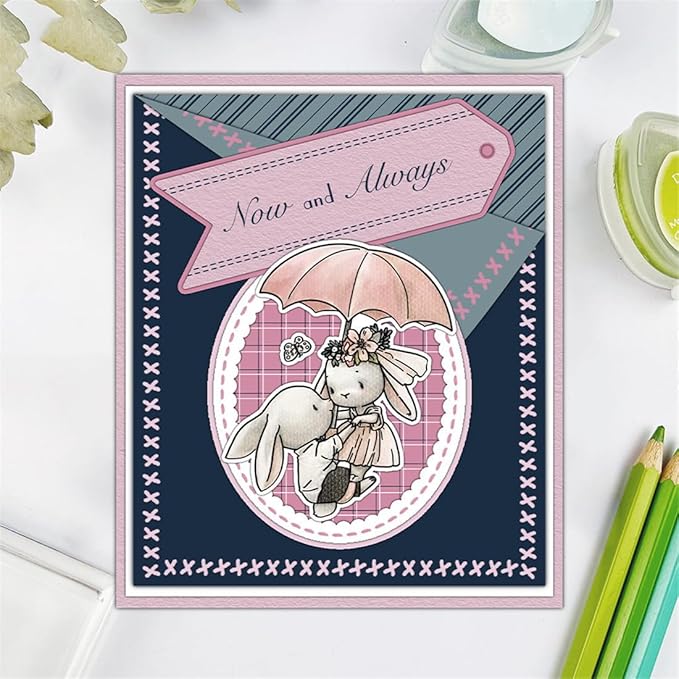 Couple Rabbit Umbrella Stamps and Cutting Dies for Card Making DIY Transparent Silicone Clear Stamp and Metal Die Cuts Sets for Scrapbooking Paper Greeting Cards Decor Seals Craft Supplies