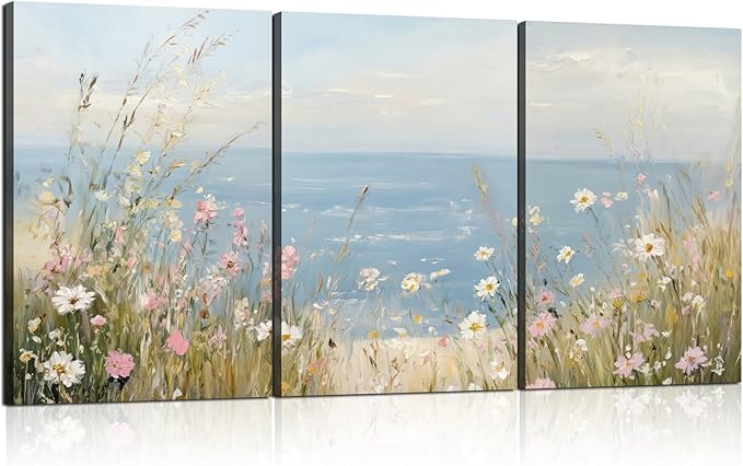 3 Pcs Framed Coastal Wildflower Wall Art Beach Floral Canvas Wall Decor Vintage Coastal Landscape Pictures Ocean Flower Poster Summer Floral Prints Seascape Painting for Living Room Bedroom 12x16 inch Ready to Hang