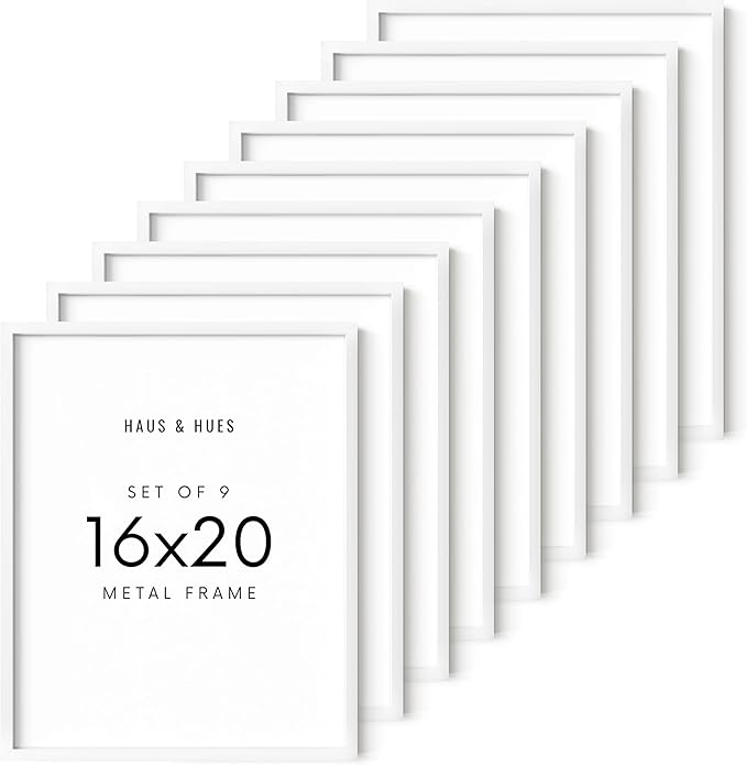 HAUS AND HUES 16x20 Silver Metal Picture Frames - Premium Aluminum with Vertical & Horizontal Hanging, Shatterproof Plexiglass - Ideal for Home or Office (16x20 in, Silver, Set of 9)
