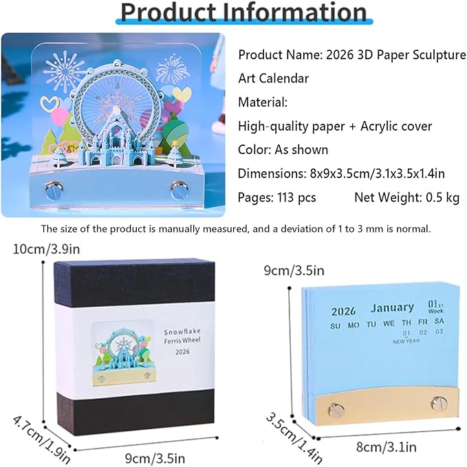3D Art Calendar 2026,3D Memo Pad Creative Time Piece Calendar,Creative Non Stick Sticky Note,3D Memo Pad Art Notepad,Exquisite Paper Sculpture Gifts,Desktop Decoration Crafts