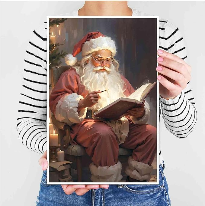 Canvas Wall Art Vintage Christmas Wall Art Santa Writing Book Oil Painting Cottagecore Decor Academia Christmas Decor Winter Print 12x18in-UnFramed