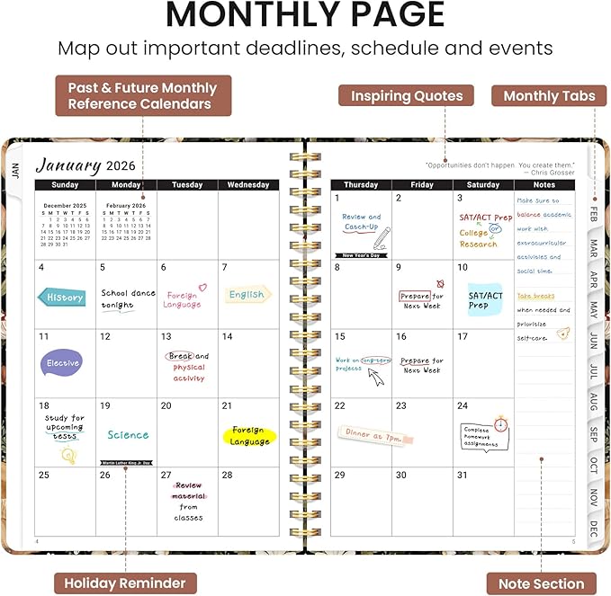 2026 Planner, Monthly and Weekly Calendar Planner for Women, Jan 2026 - Dec 2026, Hardcover Pretty 2026 Agenda Planner Book with Tabs, Spiral Bound, Perfect for School Office Home Supplies, 8.5" x 11" - Mushroom