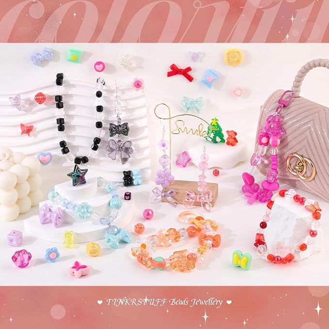 400-450PCS TINKRSTUFF Assorted Acrylic Beads 6 Mixed Series Cute Beads for Bracelet Making, Bow Aesthetic GummyBear Flower Butterfly Kawaii Charms for Jewelry Making DIY Necklace Keychain Phone Charm