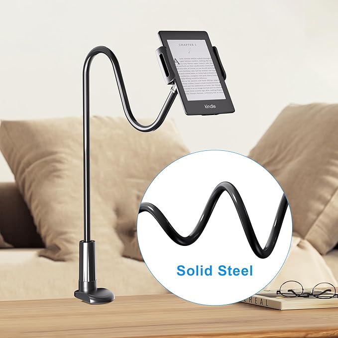 Gooseneck Holder for Kindle Reading in Bed, Hands Free Desk Bedside Lazy Arm Stand for Kindle Accessories, Compatible with iPhone iPad mini