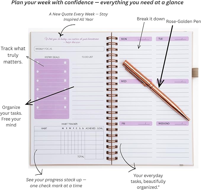 A5 Leather PU Planner & Journal Gift Set – Undated Weekly Spiral Notebook with Pen, Stickers & Box – Goal & Habit Tracker, Productivity Planner for Women & Men 5.8" x 8.0"