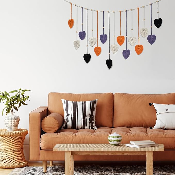 LB Fall Large Macrame Wall Hanging, Black Chic Feather with Wood Beads Boho Woven Tapestry Wall Hanging Macrame Wall Decor Handmade Purple Leaf Wall Art for Living Room Bedroom Nursery,47x30 Inch