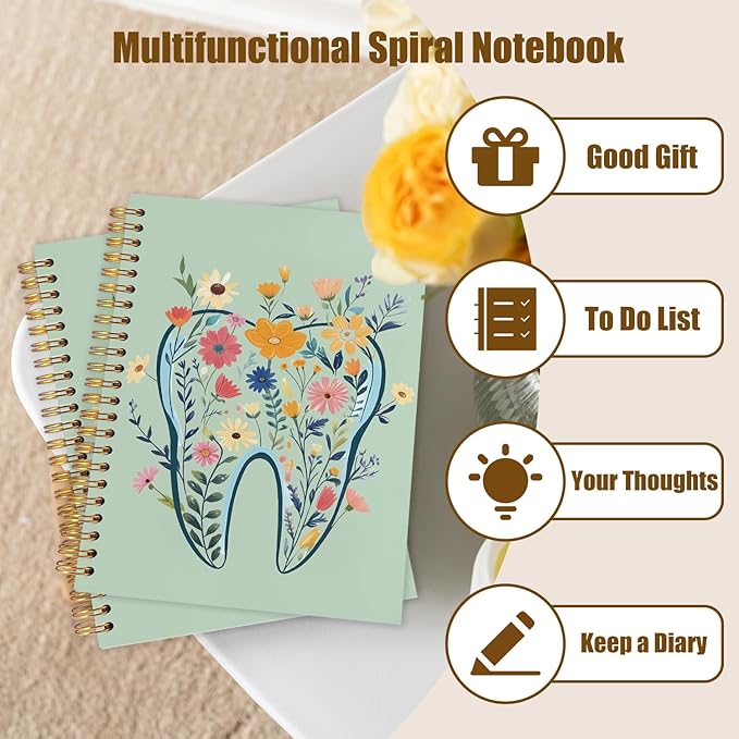 WUCHJ Dentist Gifts Notebook Journal, Dental Assistant Office Gifts for Women, Green Floral Tooth Dental Spiral Notebook Journal for Note Taking, Dentist Office Supplies, 5.5x8.3 Inch