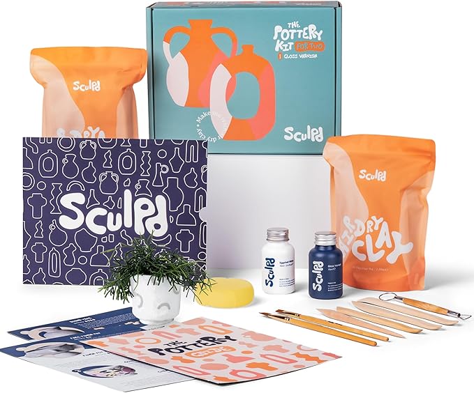 Sculpd - The Original Pottery Kit - Complete Air Dry Clay Kit for Adults Includes Sculpting Tools, Varnish, Paint Brushes, Guides, Arts & Crafts Sets, Gloss Varnish