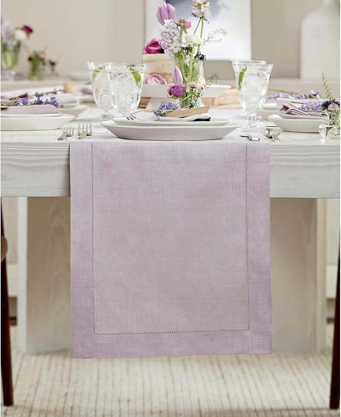 Solino Home Linen Lilac Table Runner 108 Inches Long - 100% Pure Linen 14 x 108 Inch Table Runner for Valentines, Spring, Easter - Classic Hemstitch