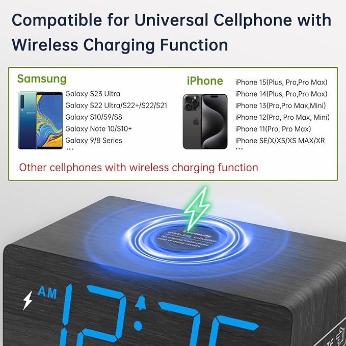 DreamSky Wooden Digital Alarm Clock with Wireless Charging for Bedroom, Bedside Nightstand Clock with Charger Station, USB Port, Large Numbers, Adjustable Volume, Brightness Dimmer, DST
