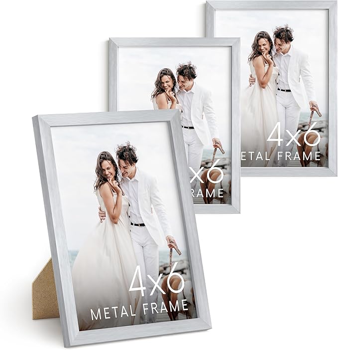 HAUS AND HUES 4x6 Silver Metal Picture Frames - Photo Frames 4X6 - Features Premium Aluminum, Vertical Hanging, Easel Back for Tabletop, Home, Office (4x6 in, Silver, Set of 3)