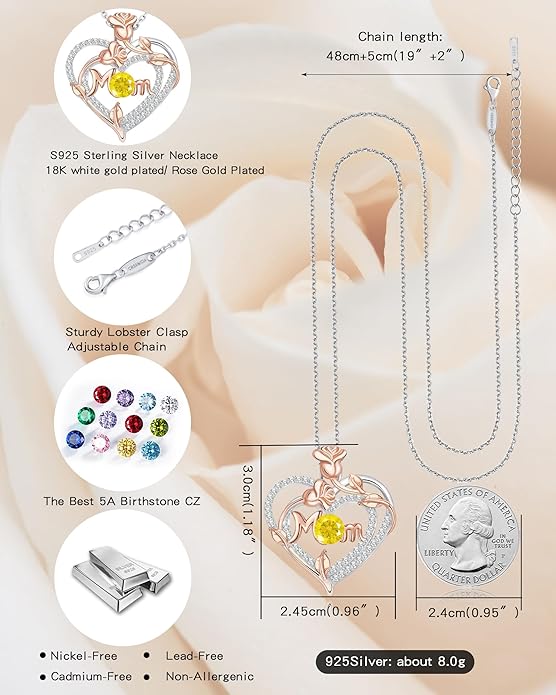 Mothers Day Gifts for Mom - Rose Heart Necklaces for Women, 925 Sterling Silver Birthstone Jewelry to My Wife Necklace, Birthday Gifts for Mother Grandma Girlfriend Her
