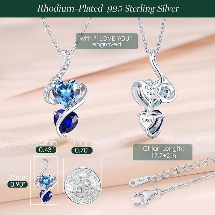 LOUISA SECRET Unique Double Heart Necklace Gifts for Wife Women, 925 Sterling Silver Tiny Birthstone Pendant Jewelry Gift for Her Girlfriend Mom Valentine's Day Anniversary Mother's Day Birthdays & Christmas