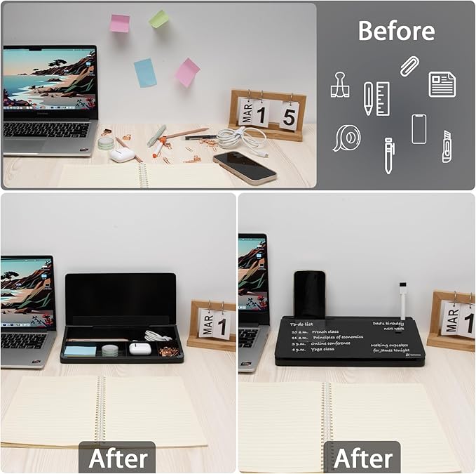 Varhomax Glass Desk Buddy Whiteboard with Storage, Small Dry Erase Desktop White Board Caddy to-do List Memo Notepad for Office, School and Home Office Supplies (Black)