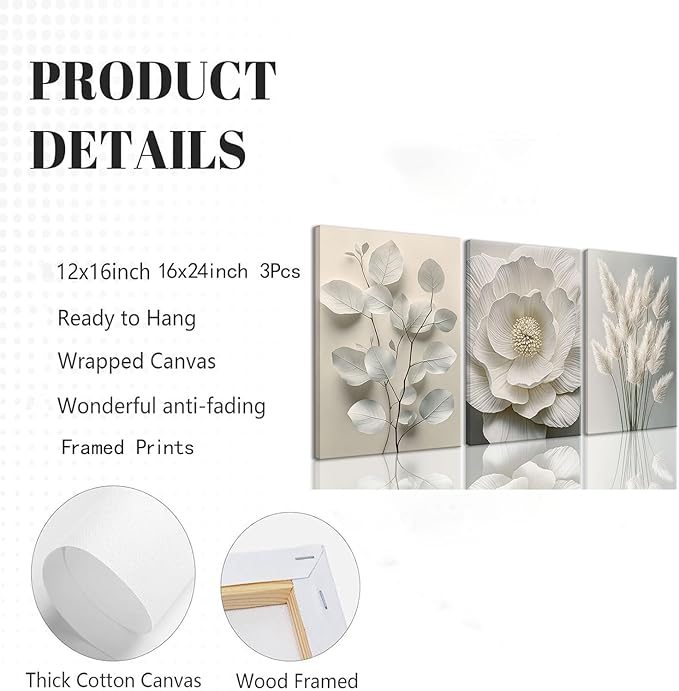 TUEASKY 3 Piece Canvas Wall Art Beige Wall Decor Flower Pictures Floral Art Prints Neutral Botanical Paintings Minimalist Artwork For Bedroom Living Room Office