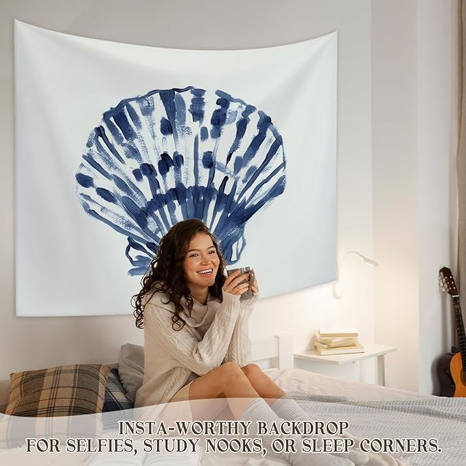 STHTTSW Coastal Tapestry, Coastal Room Decor Tapestries Wall Blanket, Blue Beachy Scallop Shell Seashell Wall Hanging Decor for Dorm Bedroom 50x60 Inch
