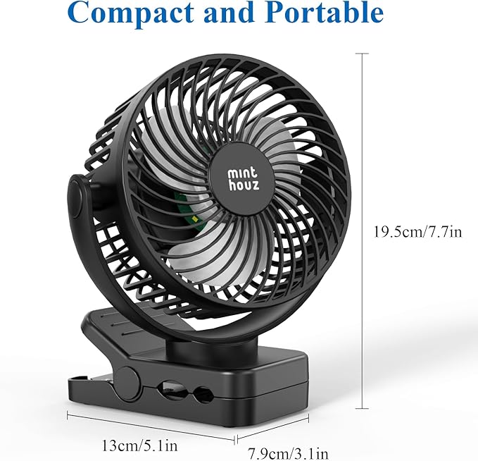 Minthouz Clip on Fan, 12000mAh Desk Fans, 360° Rotation Rechargeable Portable Fan with 45hrs Runtime - Quiet 3 Speeds, Wireless Remote, Timer, Input/Output Ports - Lightweight for Travel & Office