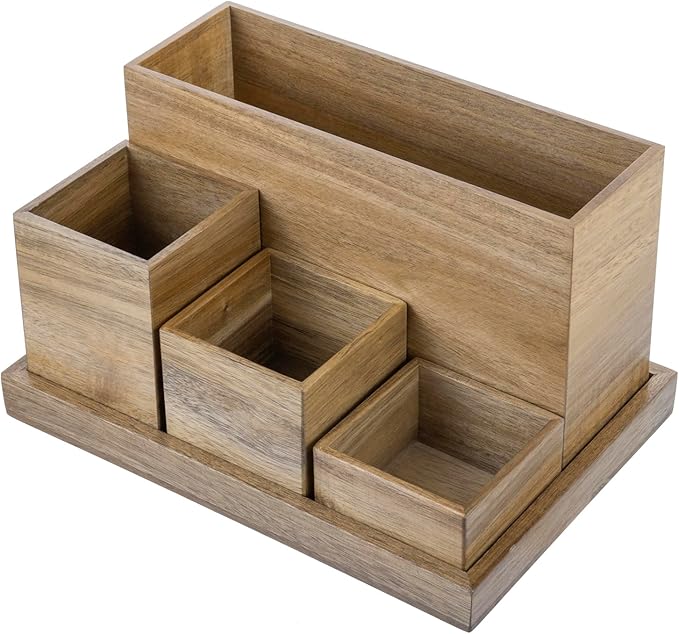 MyGift Wood Desktop Organizer, 5 Piece Premium Acacia Solid Wood Modular Desk Organizer Set with Mail Holder, Pen Holder, Paper Tray for Office Supplies, Home and Office Use