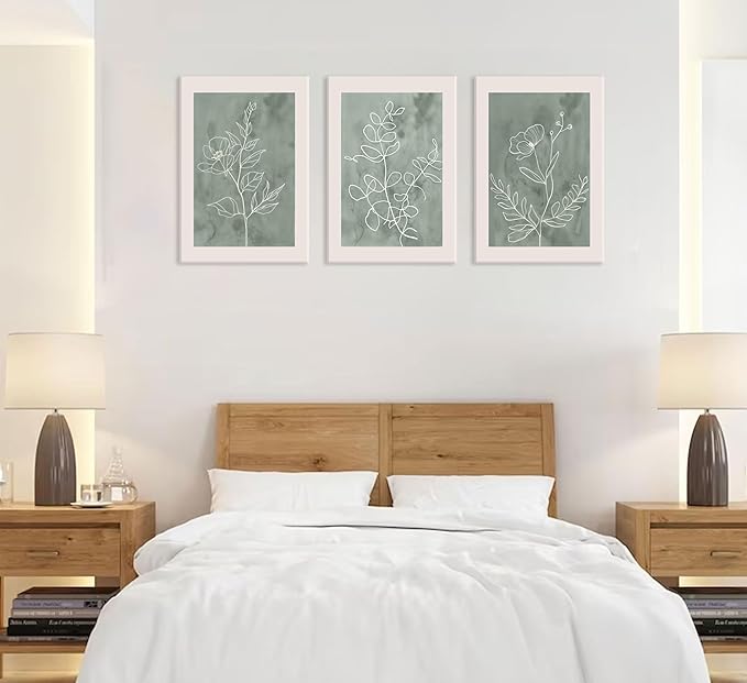3Pcs Sage Green Botanical Wall Art Line Drawing Floral Canvas Poster Prints Modern Abstract Minimalist Picture Neutral Boho Artwork Simple Painting Wall Decor for Living Room Bedroom 12x16in Framed