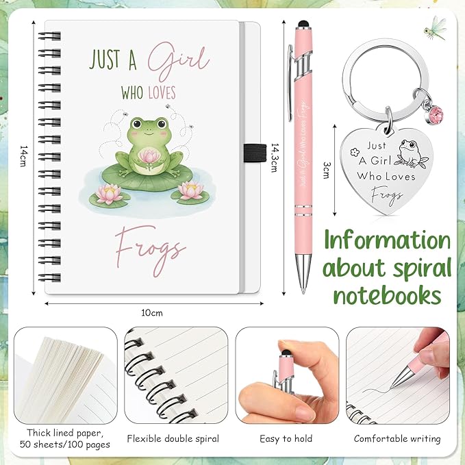 Ceenna 5 Pcs Frog Gifts for Women, Just a Girl Who Loves Frogs Cosmetic Makeup Bag, Canvas Bag, A6 Spiral Notebook Lined Journal, Writing Gel Ink Pen and Funny Keychain for Girl Animal Lovers Gift
