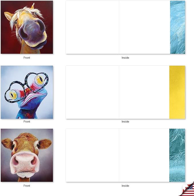 The Best Card Company - 20 Bulk Animal Note Cards Blank (4 x 5.12 Inch) - Fun Assorted Notecards with Envelopes (10 Designs, 2 Each) - Animal Magnetism AMQ6218OCB-B2x10