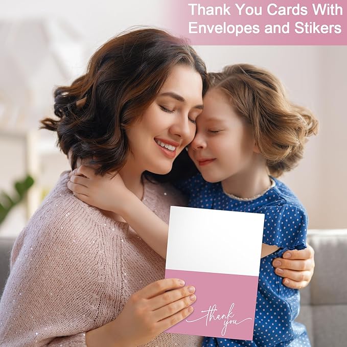 Gueevin 200 Pcs Thank You Cards with Kraft Envelopes and Stickers Bulk, 3.5 x 5 Inch Classy Blank Thank You Notes for Wedding, Business, Graduation, Baby Shower, Bridal Shower, Funeral(Pink)