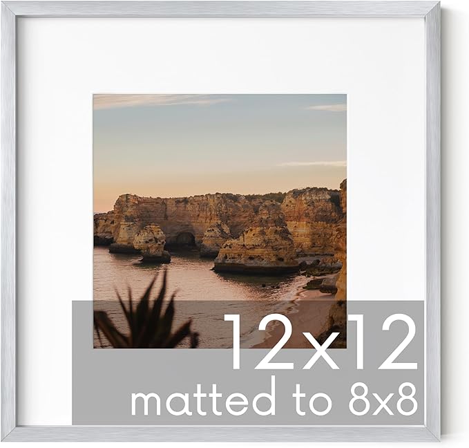 HAUS AND HUES 12x12 Silver Metal Picture Frame Matted to 8x8 - Premium Aluminum with Hanging Hardware, Shatterproof Plexiglass - Ideal for Home or Office (12x12 in, Silver, Set of 1)