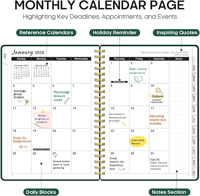 2026 Planner, Monthly and Weekly Calendar Planner for Women, Jan 2026 - Dec 2026, Hardcover Pretty 2026 Agenda Planner Book with Tabs, Spiral Bound, Perfect for School Office Home Supplies, 8.5" x 11" - Dark Green
