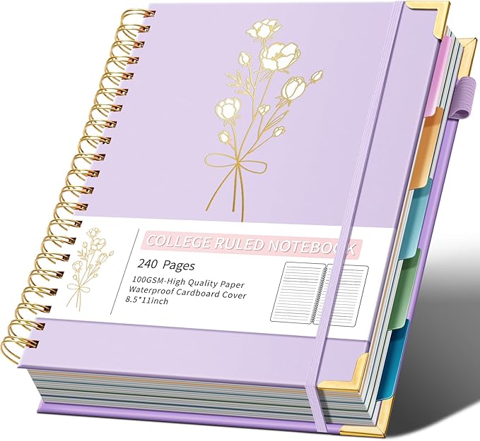 Ovesmusl Hardcover Spiral Notebooks 8.5" X 11" Note Taking 5 Subject Notebook College Ruled with Dividers 240 Pages 100GSM Aesthetic Spiral Notebook for Work School Cute Journals for Women Writing